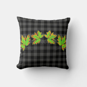 Grey Plaid with Fall Maple Leaves Cushion