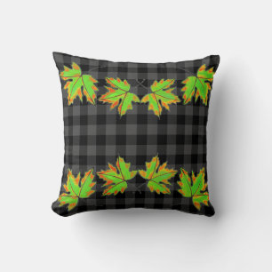 Grey Plaid with Fall Maple Leaves Cushion