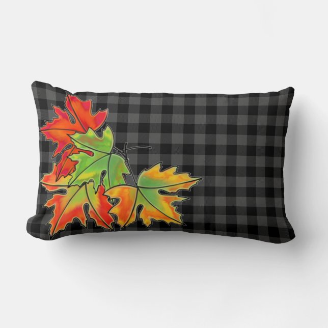 Grey Plaid with Fall Maple Leaves Lumbar Cushion (Front)