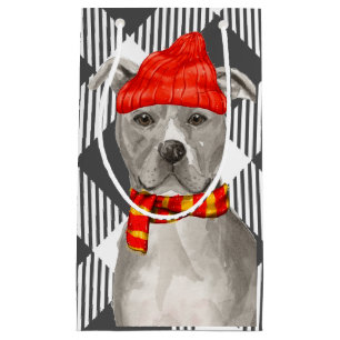 Grey Plaid with Staffordshire Pitbull Christmas Small Gift Bag