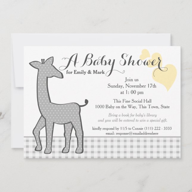 Grey Polka-dot Giraffe Baby Shower Invitation (Front)