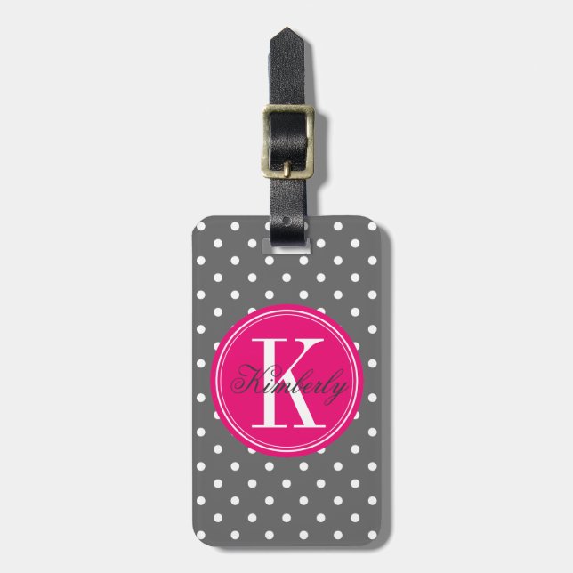 Grey Polka Dot with Pink Monogram Luggage Tag (Front Vertical)