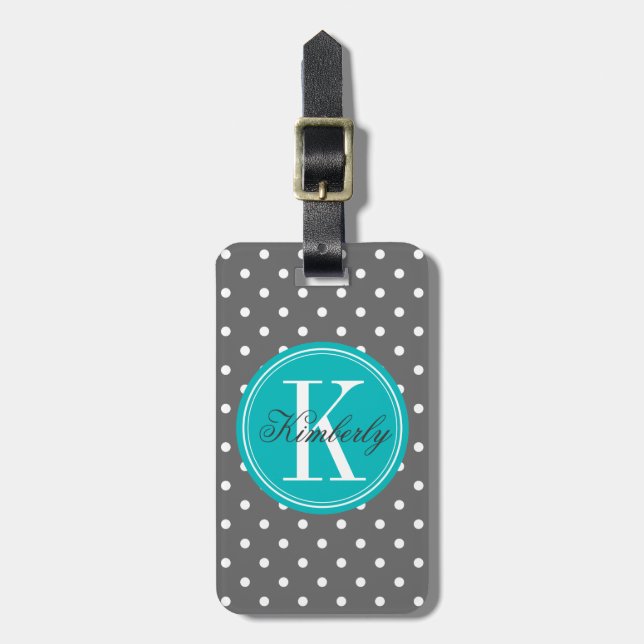 Grey Polka Dot with Teal Monogram Luggage Tag (Front Vertical)