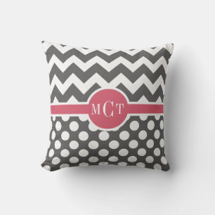 Grey Polka Dots Chevron Pattern Monogram Cushion