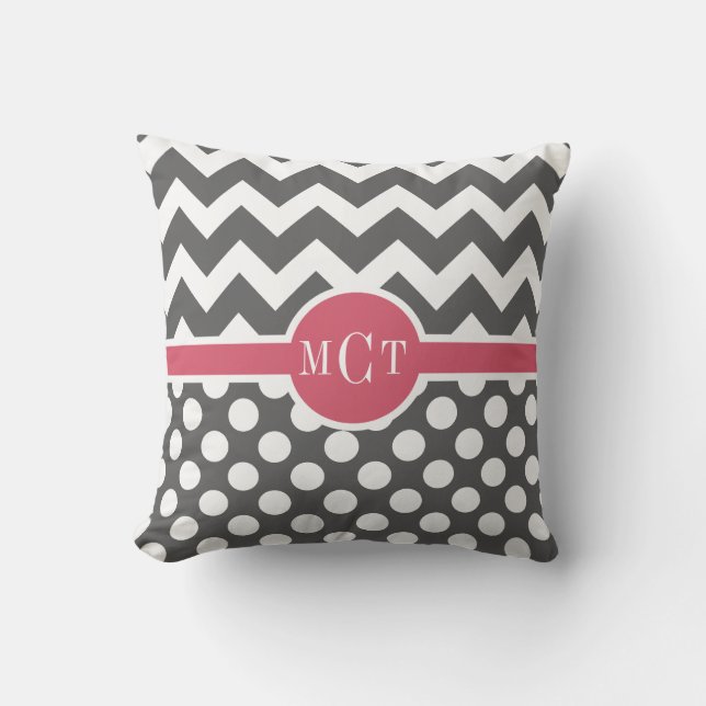Grey Polka Dots Chevron Pattern Monogram Cushion (Front)