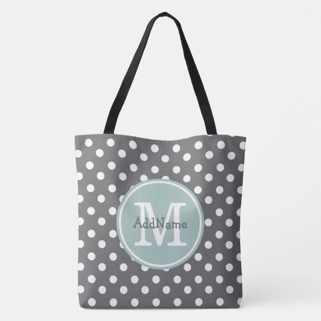 Grey Polka Dots, Mint Monogram & Personalised Name Tote Bag (Back)