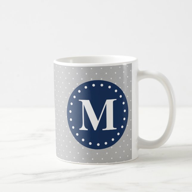Grey Polka Dots Navy Blue Monogram Coffee Mug (Right)