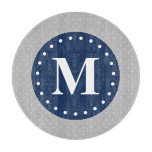 Grey Polka Dots Navy Blue Monogram Cutting Board