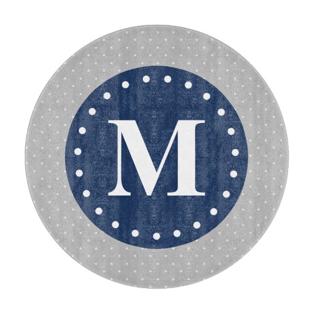 Grey Polka Dots Navy Blue Monogram Cutting Board (Front)