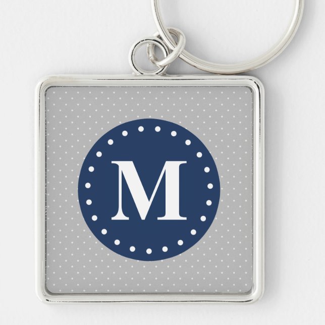 Grey Polka Dots Navy Blue Monogram Key Ring (Front)