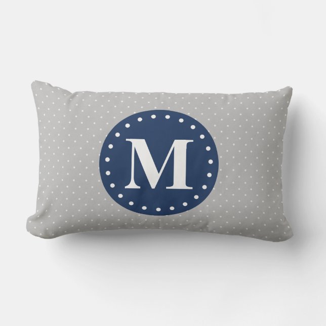 Grey Polka Dots Navy Blue Monogram Lumbar Cushion (Front)