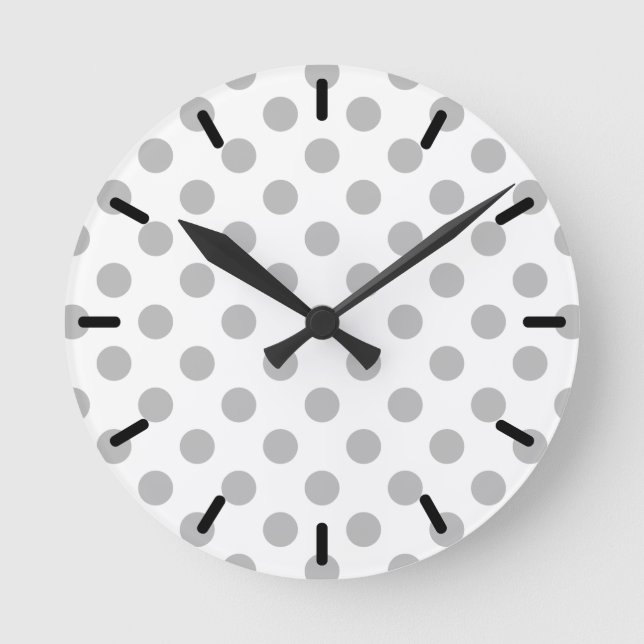 Grey polka dots on white round clock (Front)