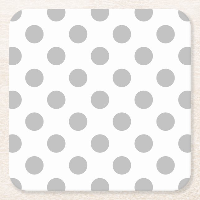 Grey polka dots on white square paper coaster (Front)