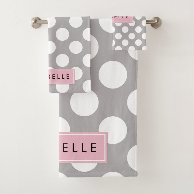 Grey Polka Dots, Polka Dot Pattern, Your Name Bath Towel Set (Insitu)