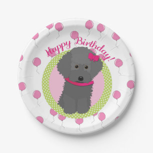Grey Poodle Birthday Dog Pink Balloons Paper Plate