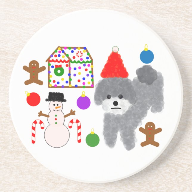 Grey Poodle Christmas #2 Coaster (Front)