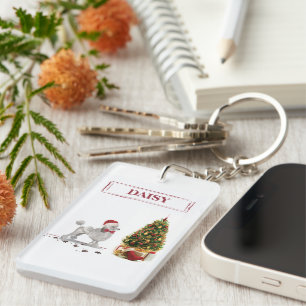 Grey Poodle Funny Christmas Dog with Tree Key Ring