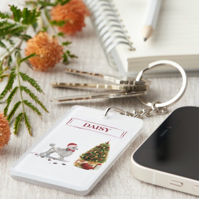 Grey Poodle Funny Christmas Dog with Tree Key Ring (Front Right)