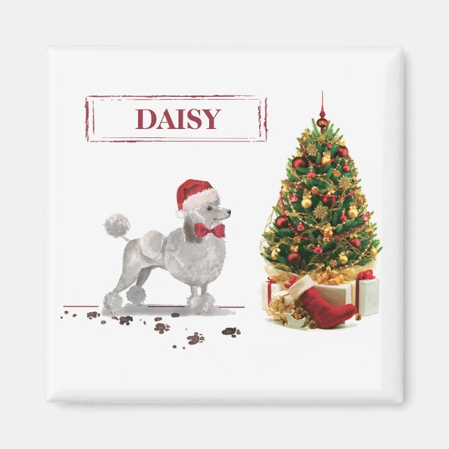 Grey Poodle Funny Christmas Dog with Tree Magnet (Front)