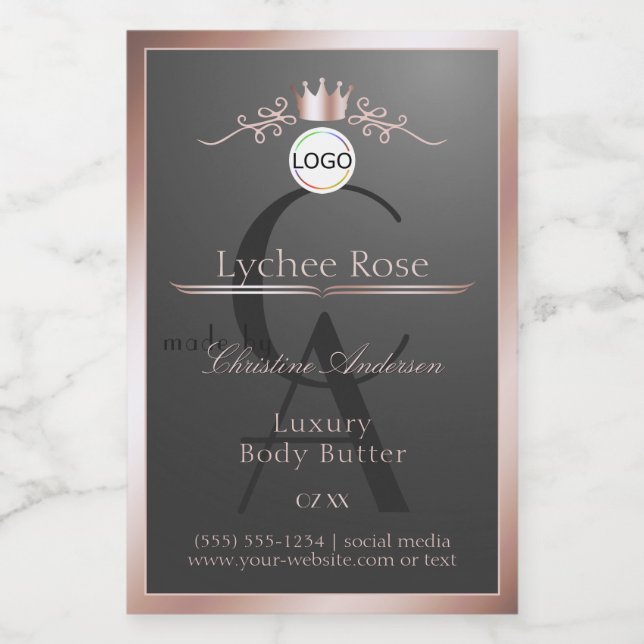 Grey Product Label Rose Gold Frame Logo Monogram (Single Label)