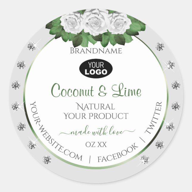 Grey Product Labels Green White Roses Jewels Logo (Front)