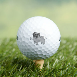 Grey Pug Dog Design Monogrammed Golf Balls