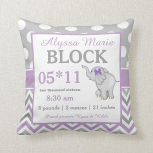 Grey Purple Elephant Baby Announcement Pillow