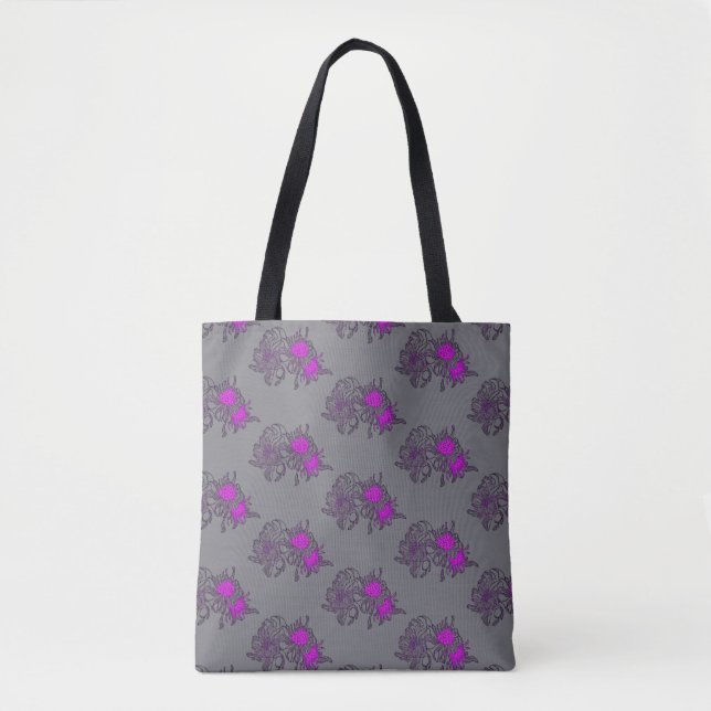 Grey Purple Floral Pattern Tote Bag (Front)