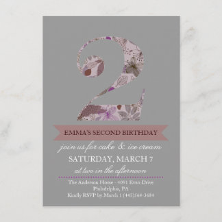 Grey & Purple Floral Two Birthday Invitation