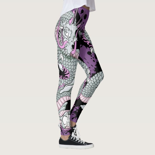 Grey Purple Japanese Tattoo Dragon Illustration Leggings (Right)
