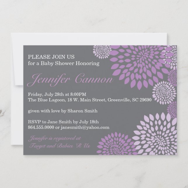 Grey Purple Modern Floral Baby Shower Invitation (Front)