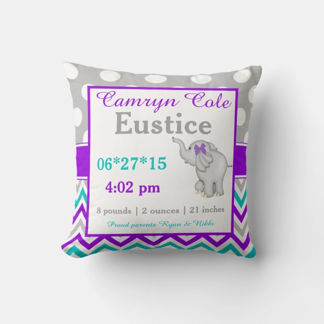 Grey Purple Teal Elephant Baby Announcement Pillow (Front)