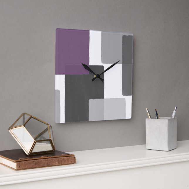 Grey Purple White Geometric Modern Minimalist Square Wall Clock (Office)