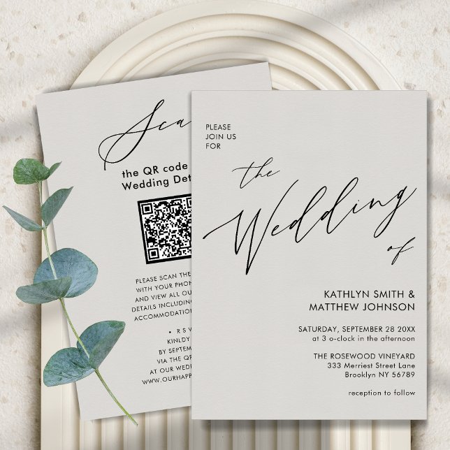 Grey QR Code All In One Modern Script Chic Wedding Invitation (Creator Uploaded)