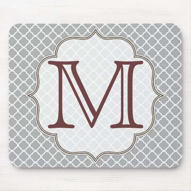 Grey Quarterfoil Latti Monogram Initial Mouse Pad (Front)
