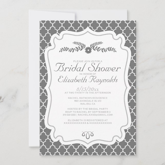 Grey Quatrefoil Bridal Shower Invitations (Front)