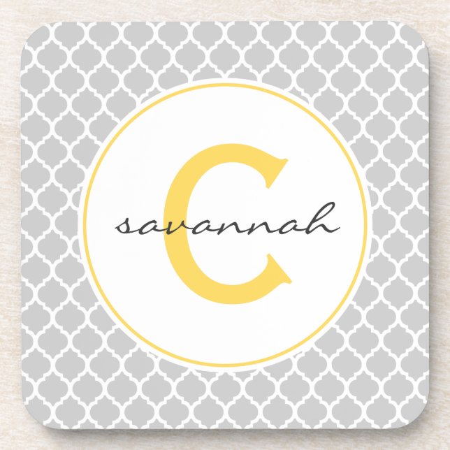 Grey Quatrefoil Monogram Coaster (Front)