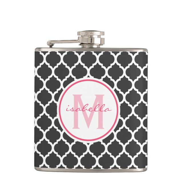 Grey Quatrefoil Monogram Hip Flask (Front)