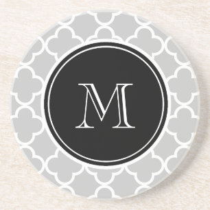 Grey Quatrefoil Pattern, Black Monogram Coaster