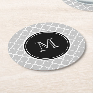 Grey Quatrefoil Pattern, Black Monogram Round Paper Coaster
