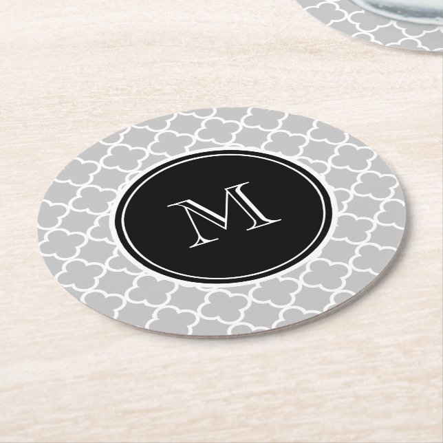 Grey Quatrefoil Pattern, Black Monogram Round Paper Coaster (Angled)