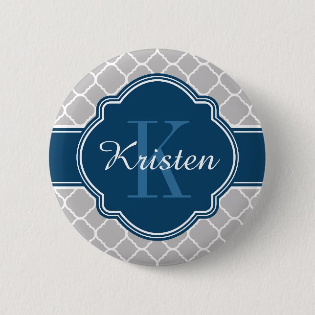 Grey Quatrefoil Pattern Blue Monogram 6 Cm Round Badge (Front)