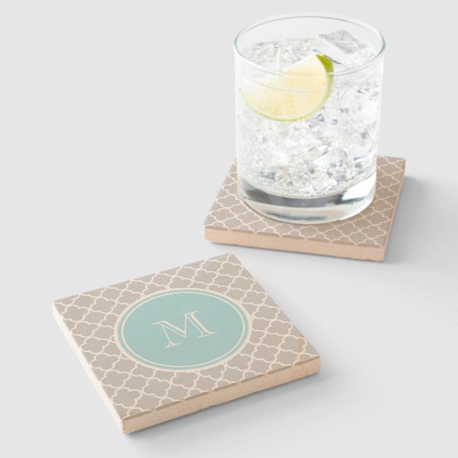 Grey Quatrefoil Pattern, Blue Monogram Stone Coaster (Side)