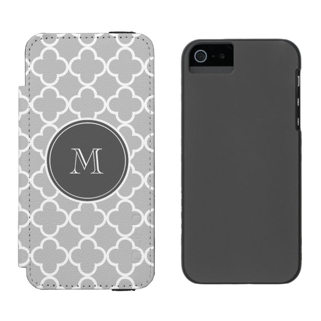 Grey Quatrefoil Pattern, Charcoal Monogram Incipio iPhone Wallet Case (Side by Side)