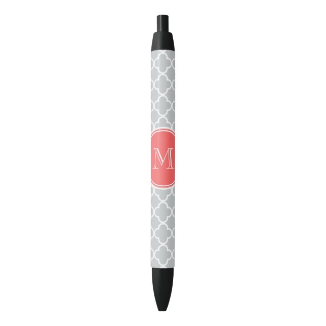 Grey Quatrefoil Pattern, Coral Monogram Black Ink Pen (Front Vertical)