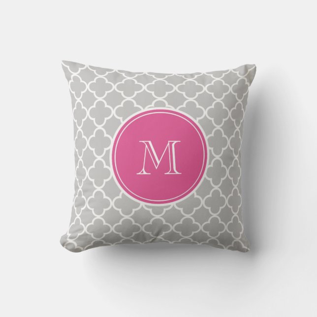 Grey Quatrefoil Pattern, Hot Pink Monogram Cushion (Front)
