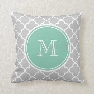 Grey Quatrefoil Pattern, Mint Green Monogram Cushion