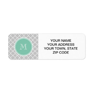 Grey Quatrefoil Pattern, Mint Green Monogram Return Address Label