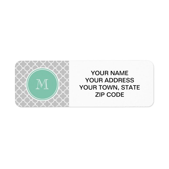 Grey Quatrefoil Pattern, Mint Green Monogram Return Address Label (Front)