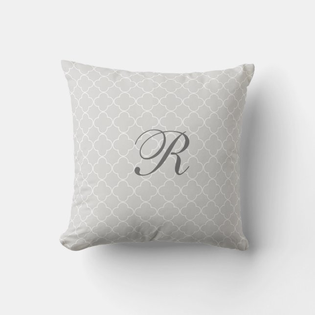 Grey Quatrefoil Pattern Monogram Pillow (Front)